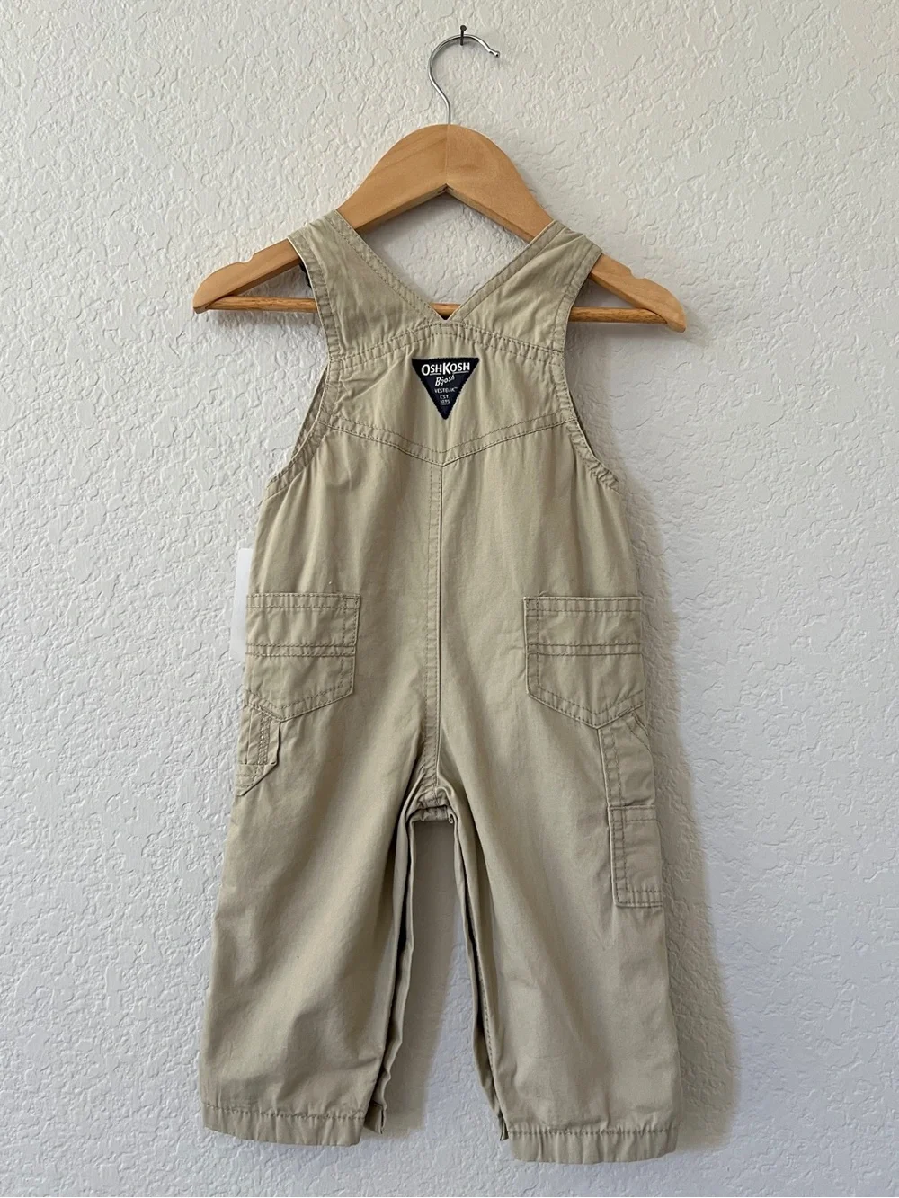 OshKosh B’gosh Baby Overalls 6-9M Khaki Cotton Cargo Convertible Adjustable